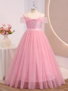 Tween Girls Light Pink Sequin Long Dress, Off-Shoulder Mesh Multi-Layer Full Skirt Elegant Dress, Lightweight Soft Fabric Suitable For Proms, Formal - Pink - View 2