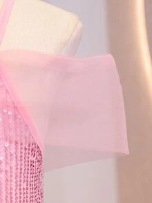Tween Girls Light Pink Sequin Long Dress, Off-Shoulder Mesh Multi-Layer Full Skirt Elegant Dress, Lightweight Soft Fabric Suitable For Proms, Formal - Pink - View 7
