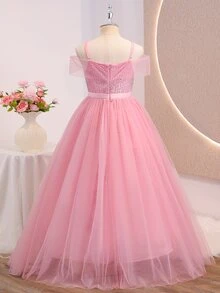 Tween Girls Light Pink Sequin Long Dress, Off-Shoulder Mesh Multi-Layer Full Skirt Elegant Dress, Lightweight Soft Fabric Suitable For Proms, Formal - Pink - View 3