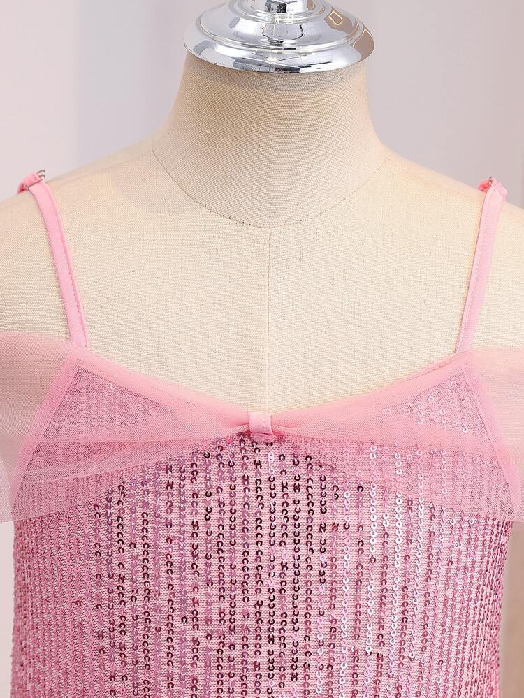少女輕粉色亮片長洋裝，露肩網紗多層大裙擺優雅禮服，輕盈柔軟面料，適合舞會與正式場合 - 粉色 - 查看 5