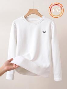 SHEIN Tween女孩秋冬白色保暖內裡蝴蝶結印花底層衣休閒百搭日常穿搭 - 白色 - 查看 1