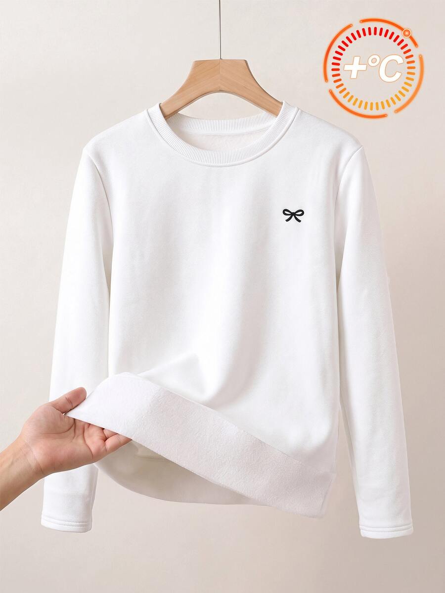 SHEIN Tween女孩秋冬白色保暖內裡蝴蝶結印花底層衣休閒百搭日常穿搭 - 白色 - 查看 1