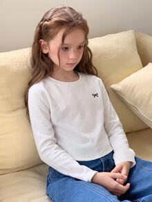 SHEIN Tween女孩秋冬白色保暖內裡蝴蝶結印花底層衣休閒百搭日常穿搭 - 白色 - 查看 2