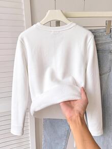 SHEIN Tween女孩秋冬白色保暖內裡蝴蝶結印花底層衣休閒百搭日常穿搭 - 白色 - 查看 4