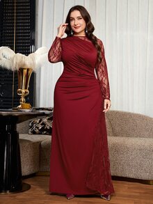 Reflora Plus Size Women's Lace Patchwork Pleated Elegant Traditional Waist-Cinched Party Formal Dress Autumn Wedding Burgundy Fall - Burgundy - View 7