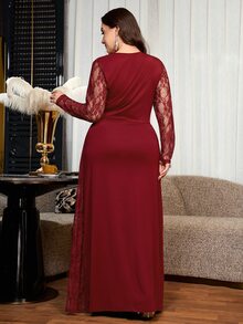 Reflora Plus Size Women's Lace Patchwork Pleated Elegant Traditional Waist-Cinched Party Formal Dress Autumn Wedding Burgundy Fall - Burgundy - View 10