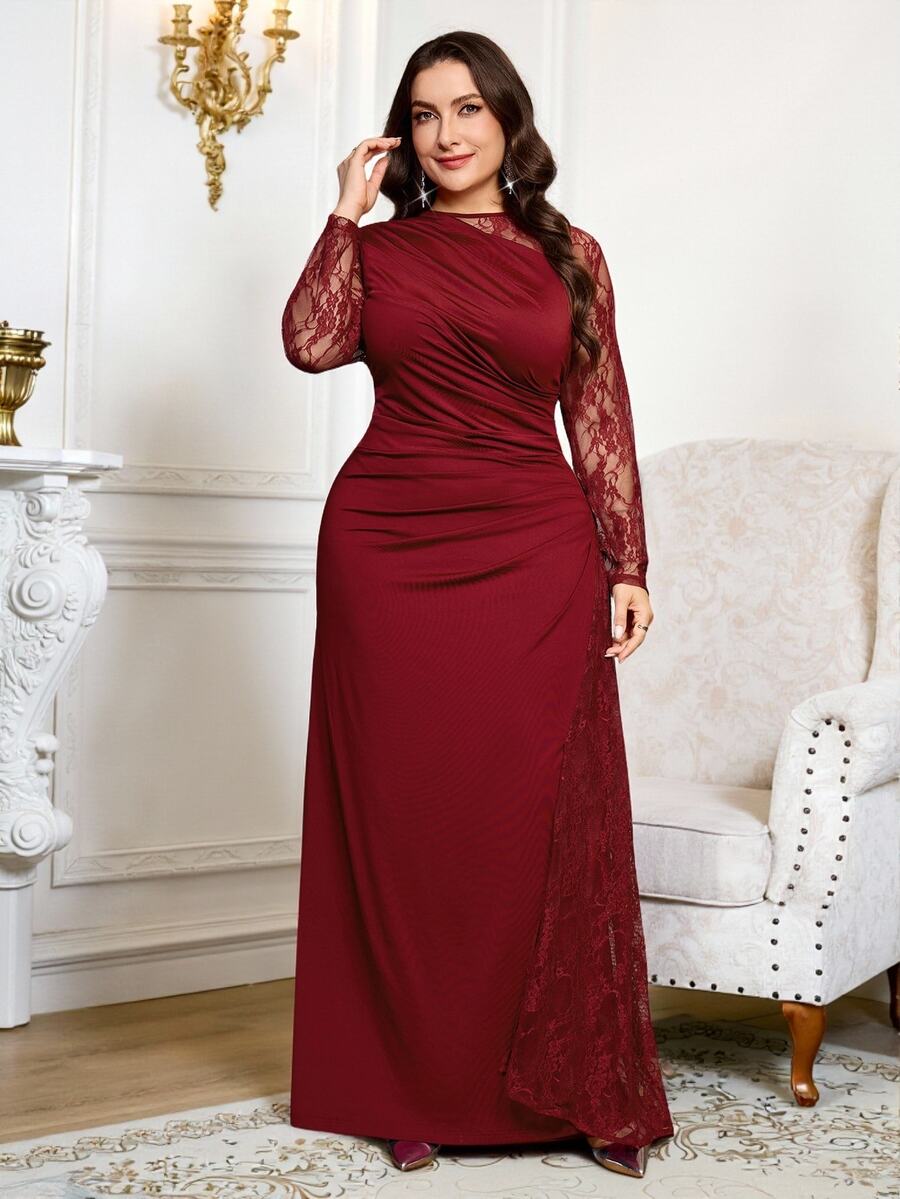 Reflora Plus Size Women's Lace Patchwork Pleated Elegant Traditional Waist-Cinched Party Formal Dress Autumn Wedding Burgundy Fall