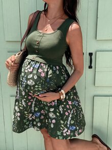 SHEIN 孕婦度假拼接花卉印花休閒無袖哺乳洋裝 - 墨綠色 - 查看 9