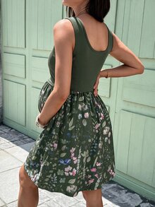 SHEIN 孕婦度假拼接花卉印花休閒無袖哺乳洋裝 - 墨綠色 - 查看 2
