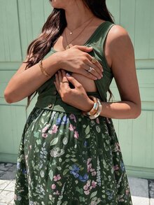 SHEIN 孕婦度假拼接花卉印花休閒無袖哺乳洋裝 - 墨綠色 - 查看 4
