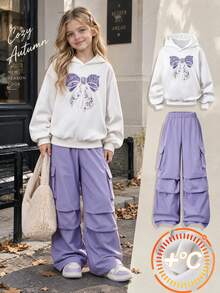 SHEIN 青少年女孩運動衫套裝，紫色，連帽衫 + 慢跑褲 2 件套，寬鬆版型，秋冬保暖，抓絨內裡，拉鍊設計，校園家庭可愛風 - 淡紫色 - 查看 1