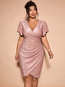 Cravure Plus Size Women's Fitted Ruched Bodycon Ruffle Short Sleeve Glitter Dress - Champagne - View 3