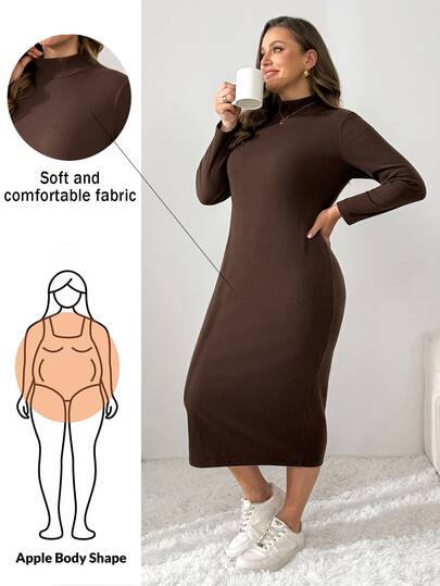 Shapeblank Women's Plus-Size Brown Stand Collar Long-Sleeve Midi Dress – Stylish, Casual, Stretchy, Comfortable, Warm, And Slimming (Autumn/Winter),Bodycon,Outfits