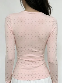 Sundraya 3pcs Polka Dot Print Crew Neck Long Sleeve T-Shirt Set For Women, Comfortable Soft Elastic Slim Fit Flattering Daily Commute Base Layer - White - View 2