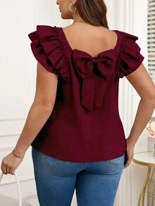 Reflora Plus Size Casual Loose Bowknot Decor Double Layer Cap Sleeve Square Neck Blouse - Burgundy - View 1