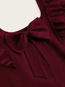 Reflora Plus Size Casual Loose Bowknot Decor Double Layer Cap Sleeve Square Neck Blouse - Burgundy - View 6