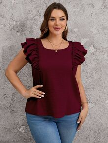 Reflora Plus Size Casual Loose Bowknot Decor Double Layer Cap Sleeve Square Neck Blouse - Burgundy - View 2