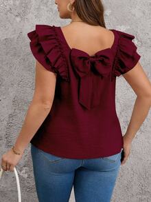 Reflora Plus Size Casual Loose Bowknot Decor Double Layer Cap Sleeve Square Neck Blouse - Burgundy - View 8