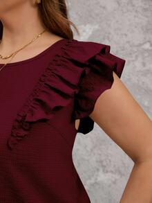 Reflora Plus Size Casual Loose Bowknot Decor Double Layer Cap Sleeve Square Neck Blouse - Burgundy - View 3