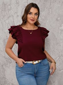 Reflora Plus Size Casual Loose Bowknot Decor Double Layer Cap Sleeve Square Neck Blouse - Burgundy - View 5