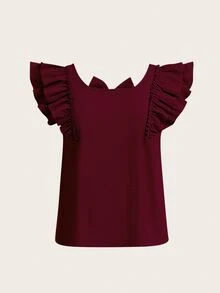 Reflora Plus Size Casual Loose Bowknot Decor Double Layer Cap Sleeve Square Neck Blouse - Burgundy - View 4