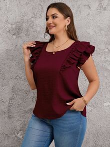 Reflora Plus Size Casual Loose Bowknot Decor Double Layer Cap Sleeve Square Neck Blouse - Burgundy - View 7