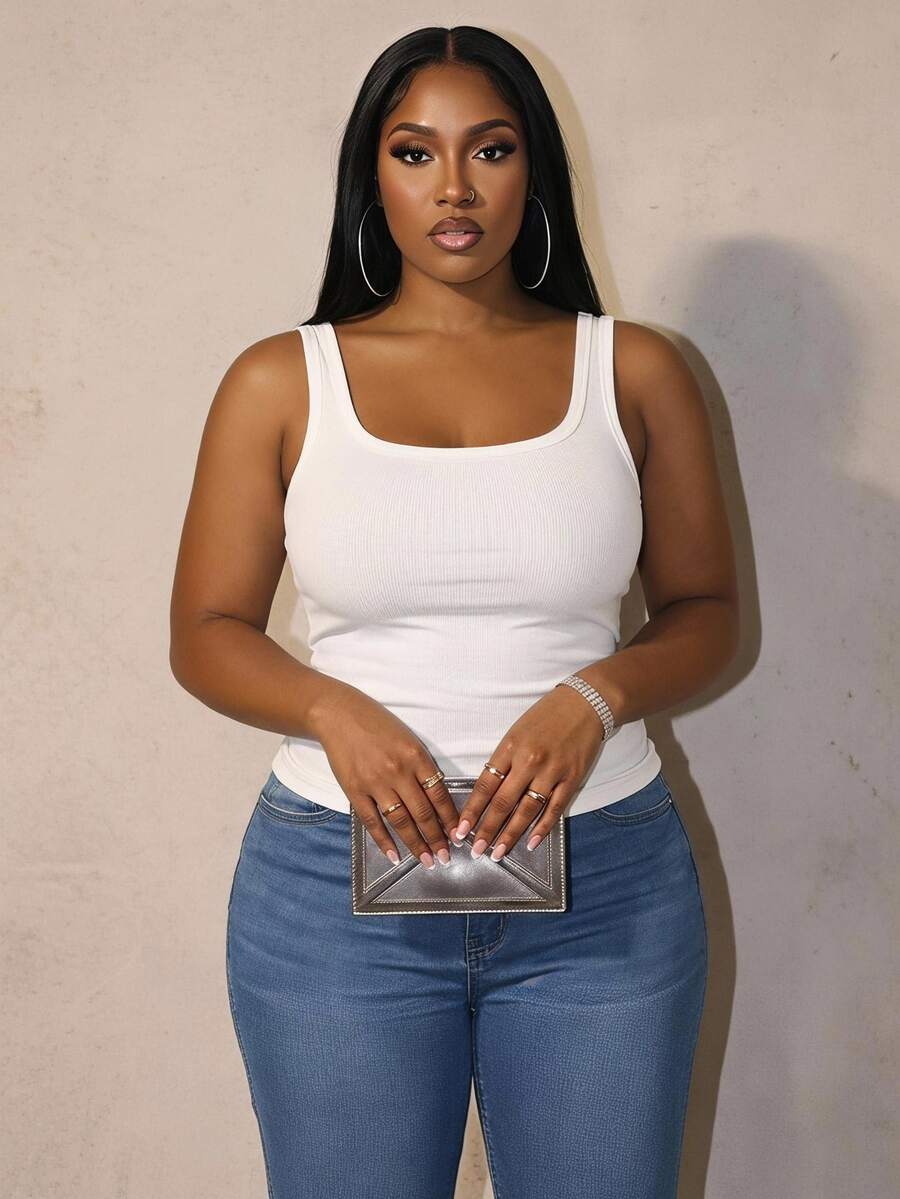 Slaydiva Casual Baggy Deep U-Neck Narrow Ribbed Women's Plus Size Regular Tank Top, White, Sleeveless Texture, Folded Pleated Detail Side Formal Summer