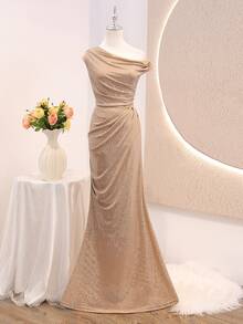 Teen Girl Elegant Sophisticated Chic Luxury Evening One-Shoulder Halter Neck Slim Fit Waist Long Dress - Champagne - View 3