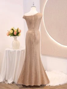 Teen Girl Elegant Sophisticated Chic Luxury Evening One-Shoulder Halter Neck Slim Fit Waist Long Dress - Champagne - View 5
