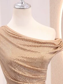 Teen Girl Elegant Sophisticated Chic Luxury Evening One-Shoulder Halter Neck Slim Fit Waist Long Dress - Champagne - View 4