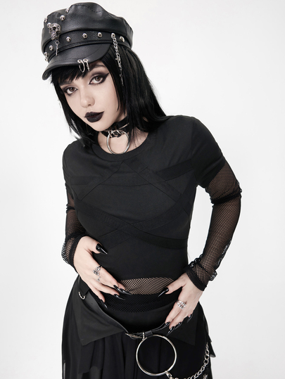 Grunge Punk Women's 2 In 1 Mesh Gothic Swamp Pentagram Patchwork Punk Rock Streetwear Top