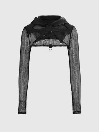 Gothic Punk Halloween Outfit Pentagram Decor Hooded Cropped Sleeveless Top