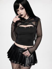 ROMWE Gothic Punk Halloween Outfit Pentagram Decor Hooded Cropped Sleeveless Top - Black - View 6