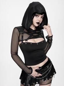 ROMWE Gothic Punk Halloween Outfit Pentagram Decor Hooded Cropped Sleeveless Top - Black - View 1