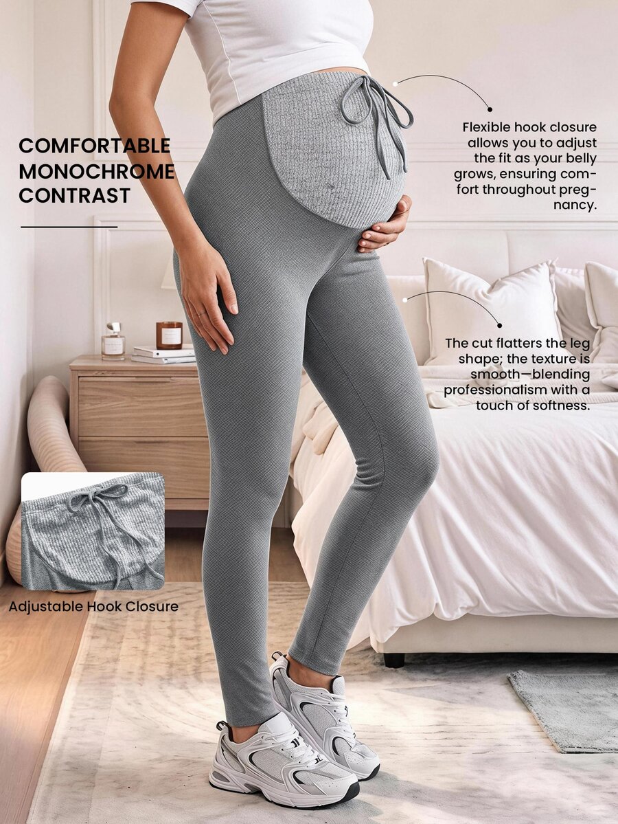 Modmama Maternity Colorblock Waist Tie Casual Versatile Leggings - Grey - View 1