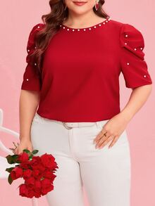Reflora Plus Size Crew Neck Short Sleeve Casual Blouse With Faux Pearl Decor Top Spring, Summer For Women Elegant Blouse For Ladies Fall - Red - View 4