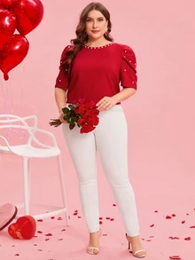 Reflora Plus Size Crew Neck Short Sleeve Casual Blouse With Faux Pearl Decor Top Spring, Summer For Women Elegant Blouse For Ladies Fall - Red - View 3