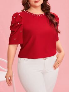 Reflora Plus Size Crew Neck Short Sleeve Casual Blouse With Faux Pearl Decor Top Spring, Summer For Women Elegant Blouse For Ladies Fall - Red - View 5