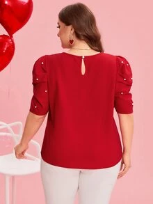 Reflora Plus Size Crew Neck Short Sleeve Casual Blouse With Faux Pearl Decor Top Spring, Summer For Women Elegant Blouse For Ladies Fall - Red - View 2