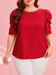 Reflora Plus Size Crew Neck Short Sleeve Casual Blouse With Faux Pearl Decor Top Spring, Summer For Women Elegant Blouse For Ladies Fall - Red - View 6