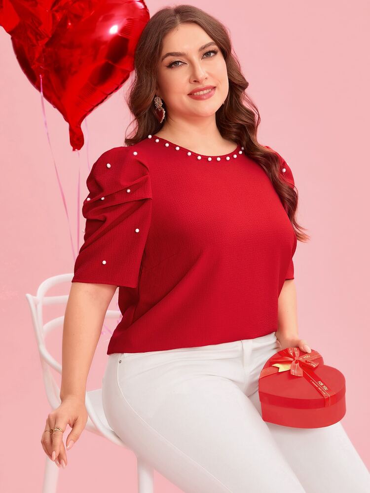 Reflora Plus Size Crew Neck Short Sleeve Casual Blouse With Faux Pearl Decor Top Spring, Summer For Women Elegant Blouse For Ladies Fall - Red - View 7
