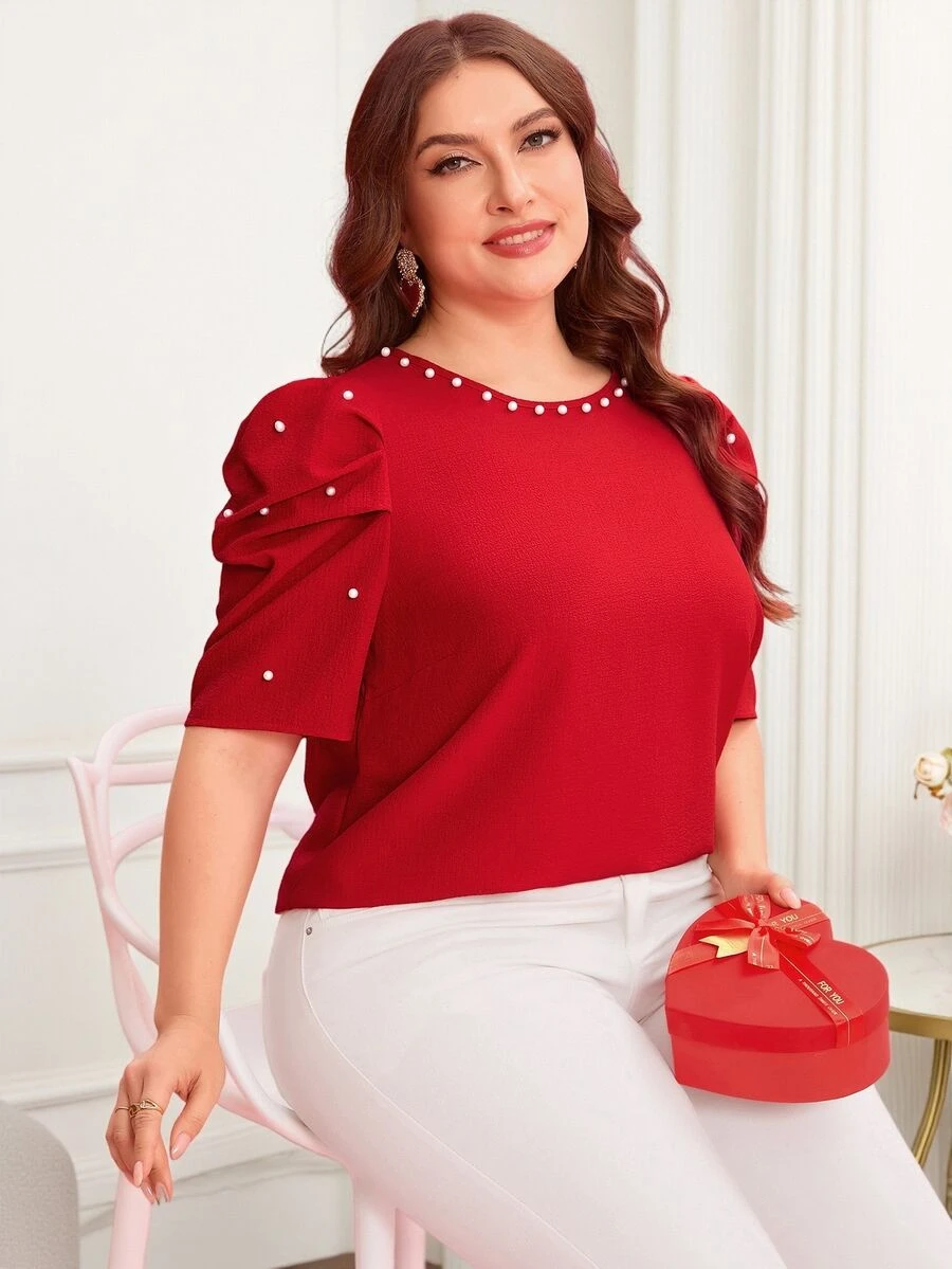 Reflora Plus Size Crew Neck Short Sleeve Casual Blouse With Faux Pearl Decor Top Spring, Summer For Women Elegant Blouse For Ladies Fall - Red - View 1