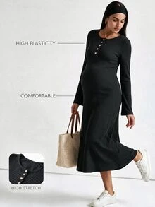 Modmama Maternity Solid Color Button Design Round Neck Long Sleeve Casual Dress Fall - Grey - View 2