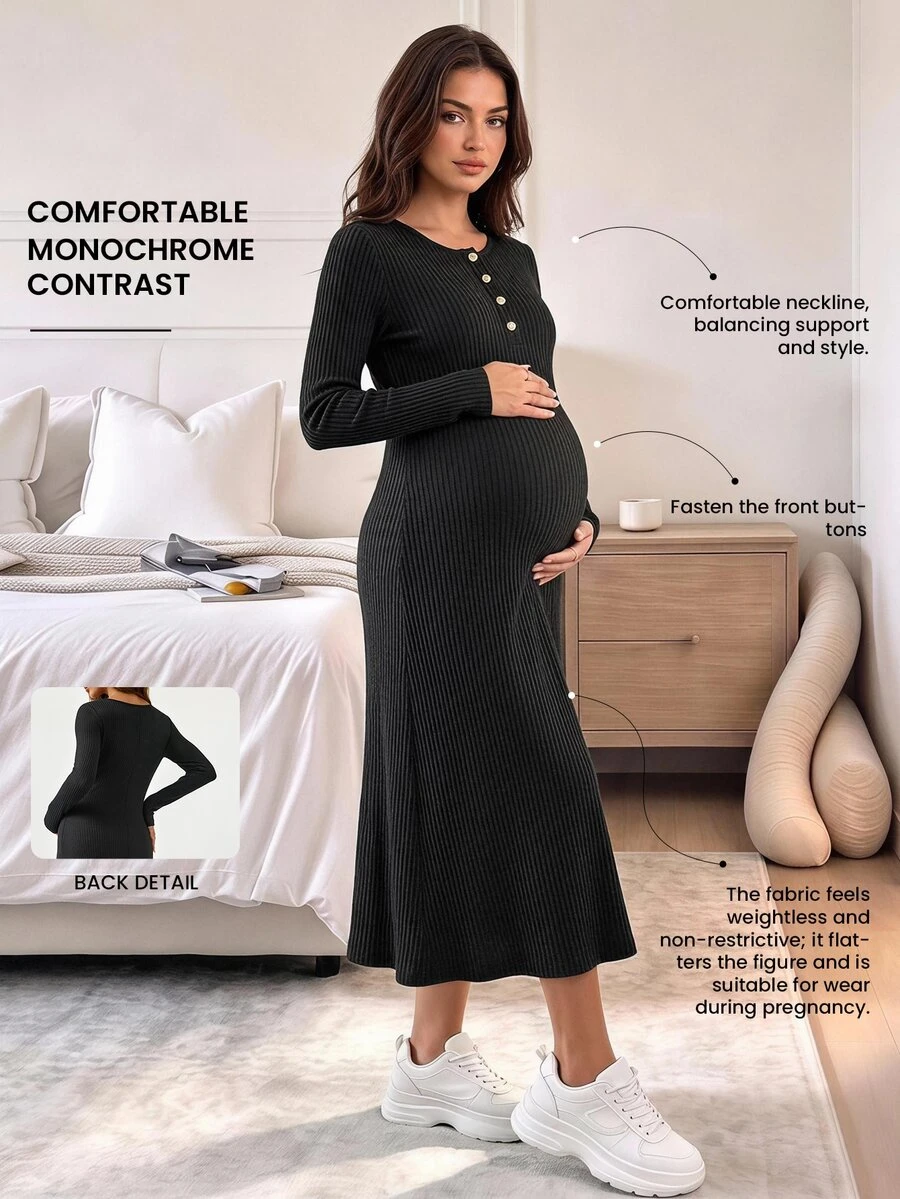 Modmama Maternity Solid Color Button Design Round Neck Long Sleeve Casual Dress Fall - Grey - View 1