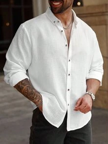 Manfinity Homme Kemeja Pria Ukuran Besar Lengan Panjang Polos Kancing Tunggal Kasual Dasar, Musim Gugur, Formal Liburan Putih - Putih - View 1