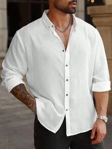 Manfinity Homme Kemeja Pria Ukuran Besar Lengan Panjang Polos Kancing Tunggal Kasual Dasar, Musim Gugur, Formal Liburan Putih - Putih - View 5