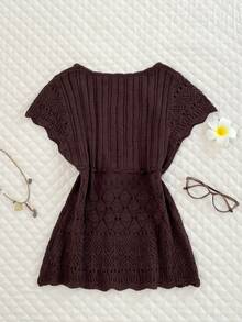 Elamini 女款百搭鄉村風波希米亞細緻刺繡花卉植物圖案蝴蝶結針織上衣 度假棕色花卉夏季野餐款 - 咖啡棕 - 查看 2