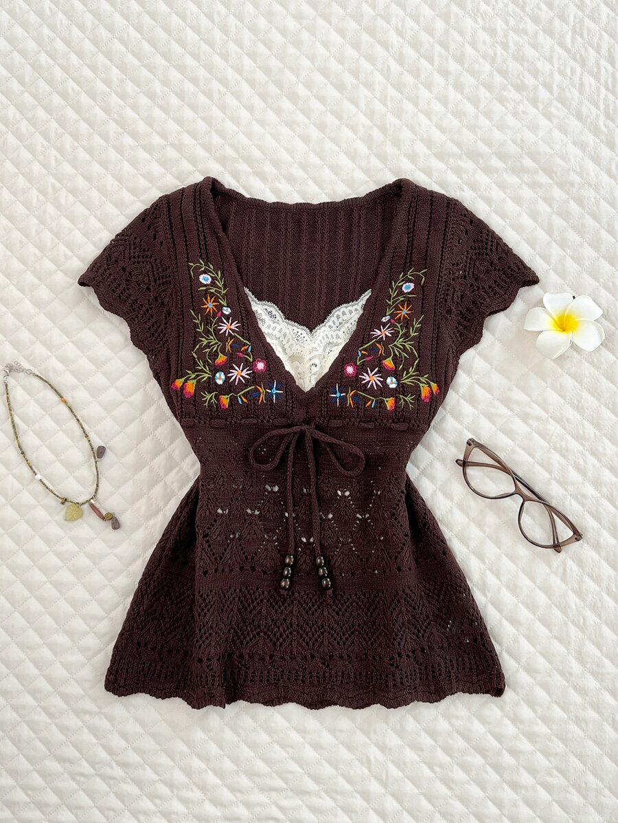 Elamini 女款百搭鄉村風波希米亞細緻刺繡花卉植物圖案蝴蝶結針織上衣 度假棕色花卉夏季野餐款 - 咖啡棕 - 查看 1