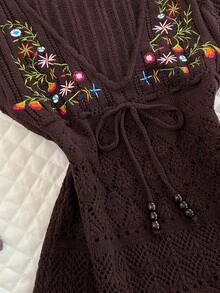Elamini 女款百搭鄉村風波希米亞細緻刺繡花卉植物圖案蝴蝶結針織上衣 度假棕色花卉夏季野餐款 - 咖啡棕 - 查看 5