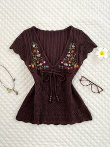 Elamini 女款百搭鄉村風波希米亞細緻刺繡花卉植物圖案蝴蝶結針織上衣 度假棕色花卉夏季野餐款 - 咖啡棕 - 查看 4